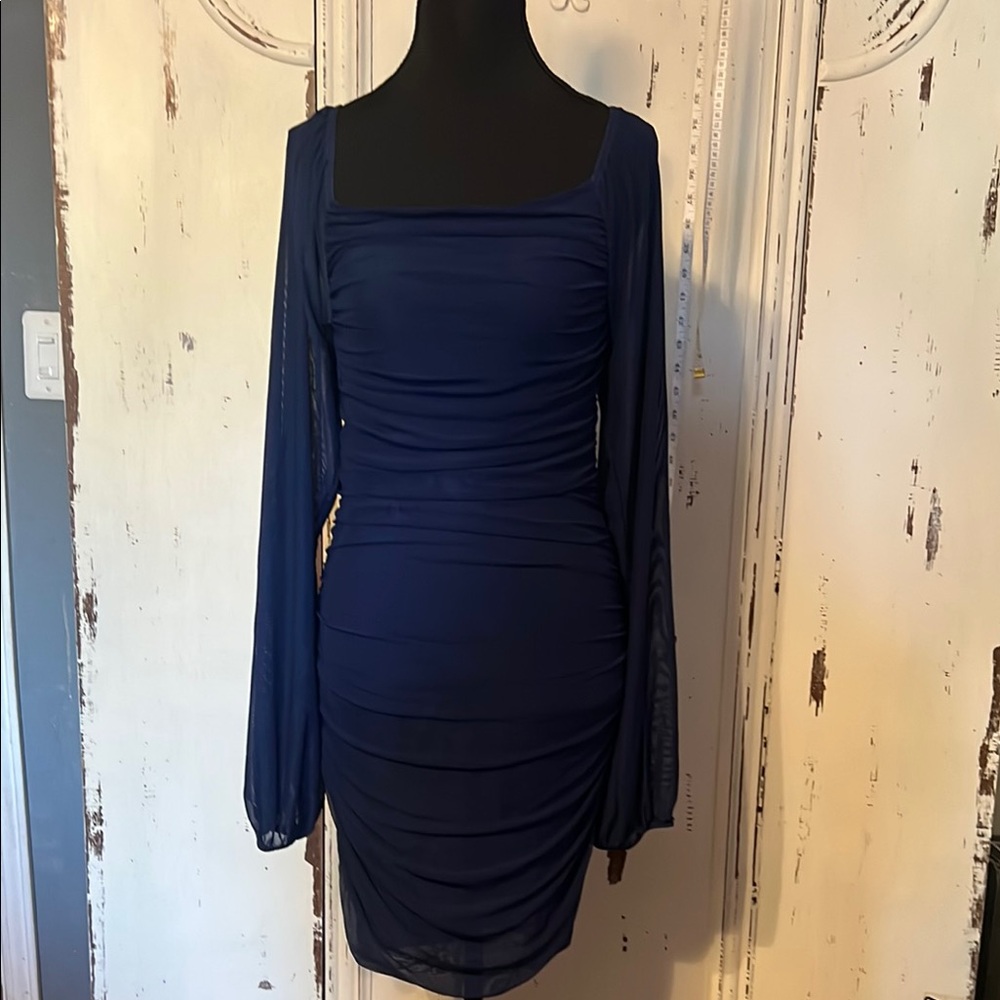 Blue Ruched Bodycon Dress with Square Neckline